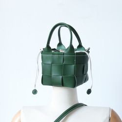 帆布 x 皮革拼接真皮編織手提包單肩托特包抽繩包單肩包 第2張的照片