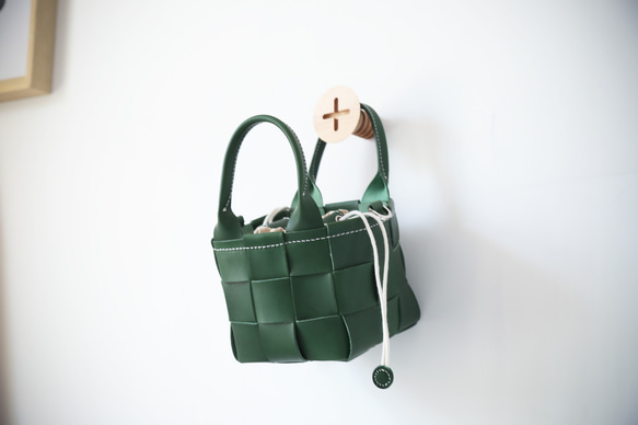 帆布 x 皮革拼接真皮編織手提包單肩托特包抽繩包單肩包 第4張的照片