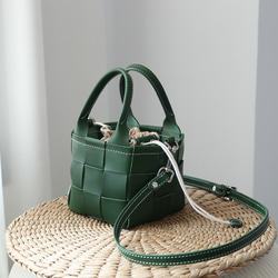 帆布 x 皮革拼接真皮編織手提包單肩托特包抽繩包單肩包 第14張的照片