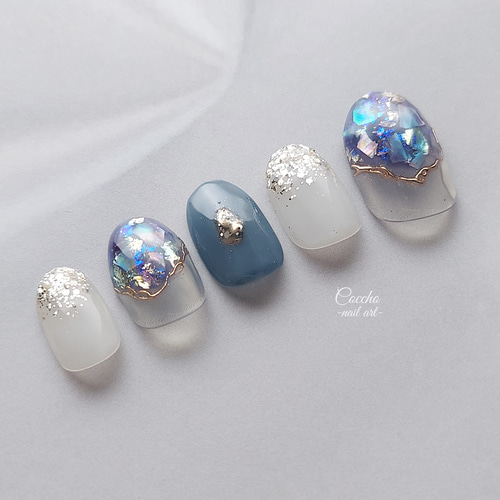 No.327 ネイルチップ　ジェルネイル　葡萄　　青　ニュアンス　キラキラ　秋 No.327 ネイルチップ ジェルネイル 葡萄 青 ニュアンス キラキラ 秋