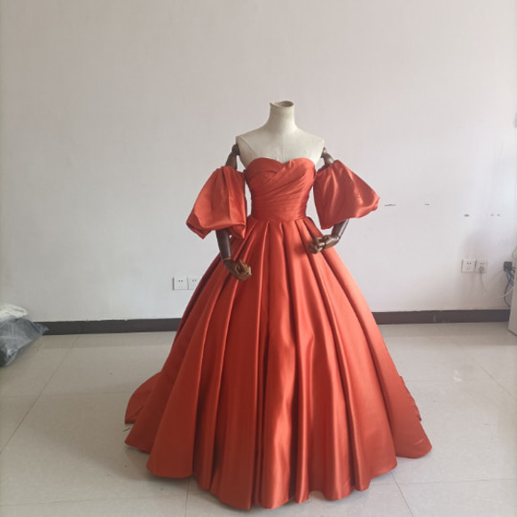 高品質！カラードレス パーティードレス テラコッタ Vバック 美しいバックリボン /結婚式/披露宴 パーティードレス ドレス