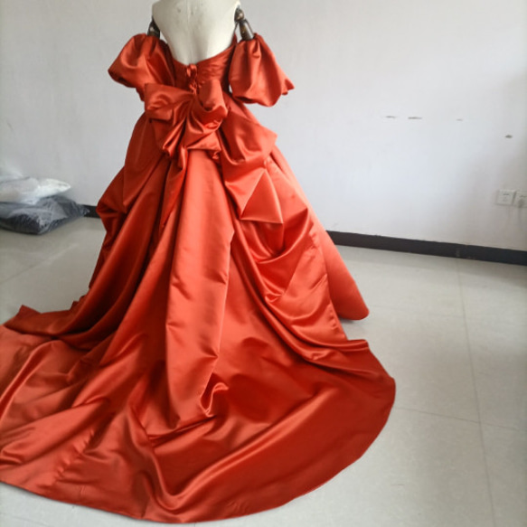 高品質！カラードレス パーティードレス テラコッタ Vバック 美しいバックリボン /結婚式/披露宴 パーティードレス ドレス
