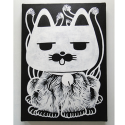 招き猫のグラフィティアート 原画 絵画 キャンバス画 動物の絵 モンスター モノクロ 1枚目の画像