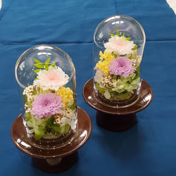ガラスドームの仏花、デンファレとぽんぽん菊のお供え花、プリザーブド