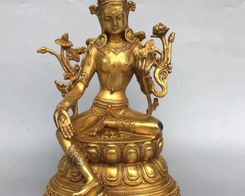チベット密教法具 ネパール 緑度母 仏像 福徳 仏教美術 真鍮製 23cm
