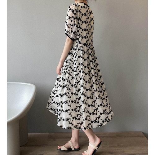 春新作 ひざ丈花柄シフォンワンピース ワンピース 夏ワンピース 春新作 ひざ丈花柄シフォンワンピース ワンピース 夏ワンピース