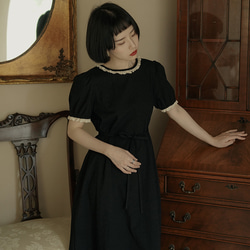 黑色 日系後背蝴蝶結镂空短袖燈籠袖洋裝 圓領高腰系帶A字小黑裙 第4張的照片