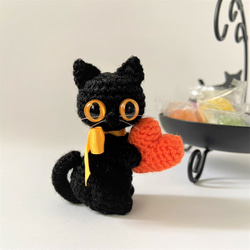 リボン黒猫の選べるハート♡オレンジ♡編みぐるみ☆受注製作品