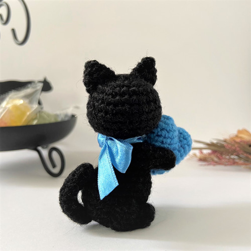 リボン黒猫の選べるハート♡スカイブルー♡編みぐるみ☆受注製