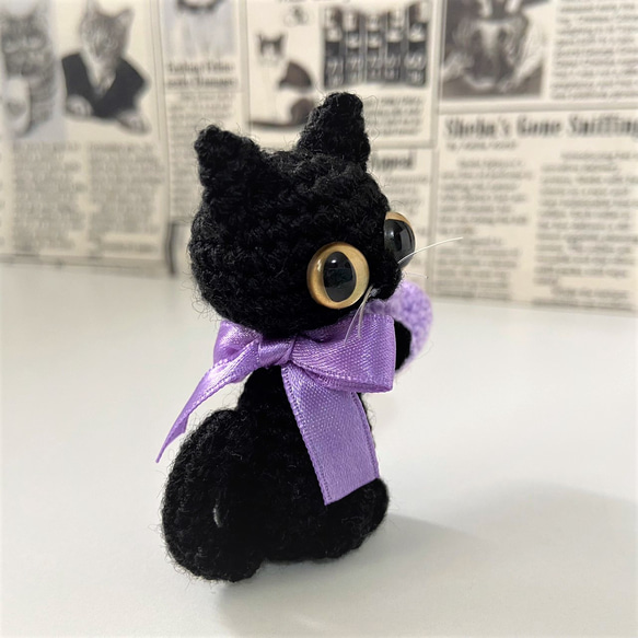 リボン黒猫の選べるハート♡ライトパープル♡編みぐるみ☆受注製作品 2枚目の画像