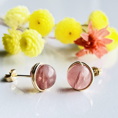 再販】 スターローズクォーツ 1粒ピアス スター効果 14kgf ピアス