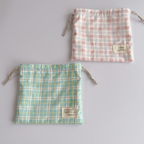 四角い巾着ポーチ□くすみカラー☆チェック柄/巾着袋 巾着袋 KOKORON