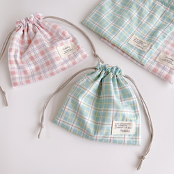 チェック柄巾着袋 四角い巾着ポーチ□くすみカラー☆チェック柄/巾着袋 巾着袋 KOKORON