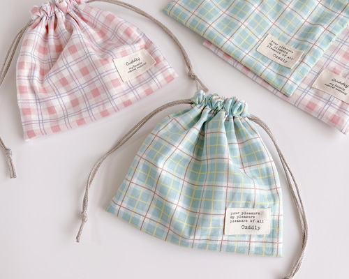 チェック柄巾着袋 四角い巾着ポーチ□くすみカラー☆チェック柄/巾着袋 巾着袋 KOKORON