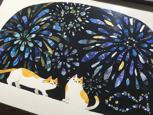 絵画「青い花火と窓辺のネコたち」 3枚目の画像