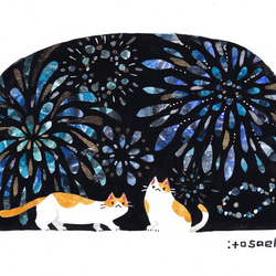 絵画「青い花火と窓辺のネコたち」 1枚目の画像