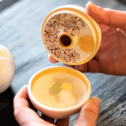 手描き金彩雪月花模 蓋付きの振出 お洒落な包み袋付き 金平糖の器 お