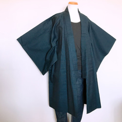 着物リメイク 男性 着物袖 作務衣コート ロング 紺色 無地 和装 着物コート ガウンコート 和装コート(B711) 2枚目の画像