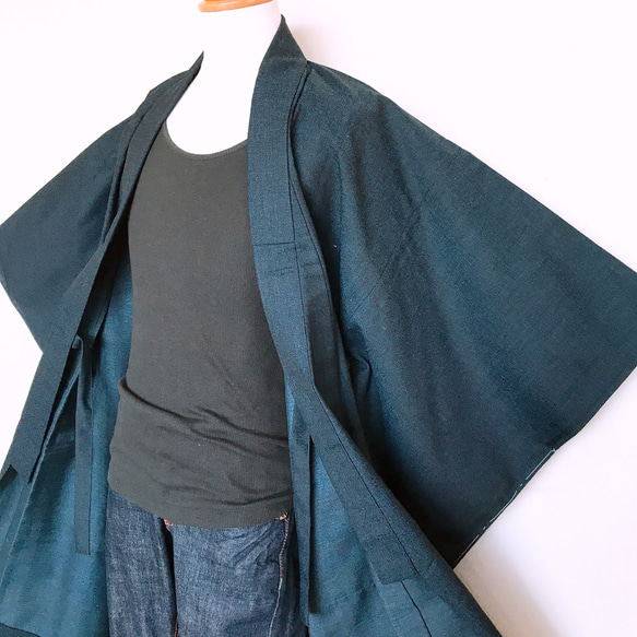 着物リメイク 男性 着物袖 作務衣コート ロング 紺色 無地 和装 着物コート ガウンコート 和装コート(B711) 3枚目の画像