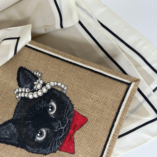 オリジナル 黒 猫 手描き ジュートバッグ ねこ ネコ バッグ 鞄