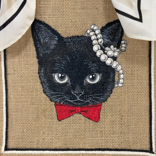 オリジナル 黒 猫 手描き ジュートバッグ ねこ ネコ バッグ 鞄