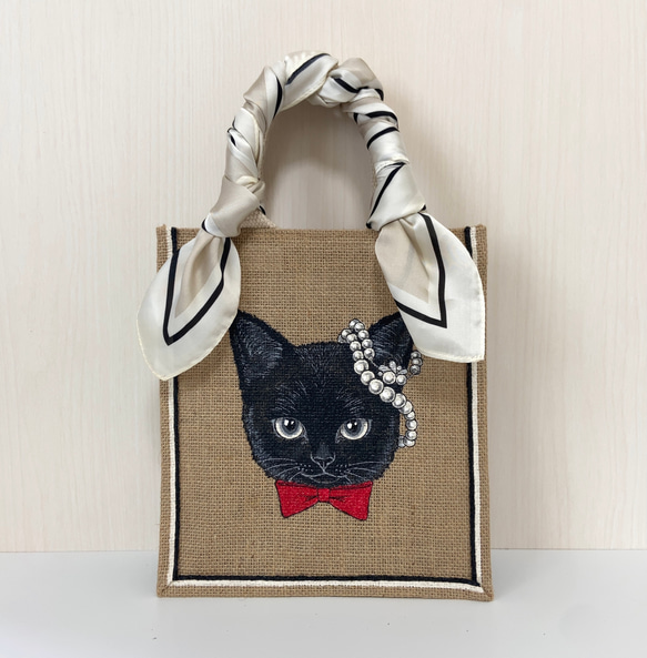 オリジナル 黒 猫 手描き ジュートバッグ ねこ ネコ バッグ 鞄 size S スカーフ付　カゴバッグ　かごバッグ 1枚目の画像