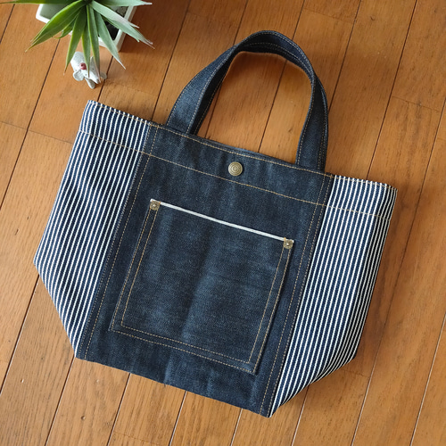 ①ミニトートバッグ ☆ 赤耳ポケット 岡山デニム セルビッチデニム  
