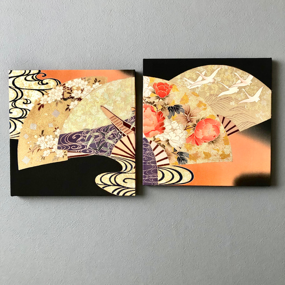着物のファブリックパネル　輝く扇に花々（２枚セット）　サスティナブル  着物リメイク　インテリア　正月飾り　 3枚目の画像