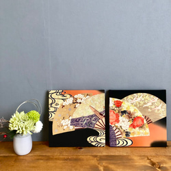 着物のファブリックパネル　輝く扇に花々（２枚セット）　サスティナブル  着物リメイク　インテリア　正月飾り　 10枚目の画像