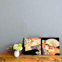 着物のファブリックパネル　輝く扇に花々（２枚セット）　サスティナブル  着物リメイク　インテリア　正月飾り　 9枚目の画像