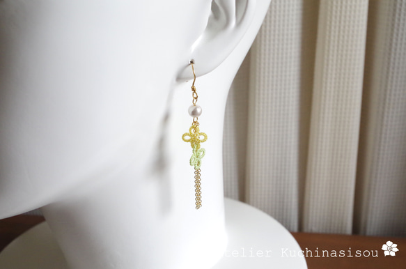 梭織蕾絲小花和流蘇耳環 &lt;檸檬 x 青檸&gt; 第3張的照片