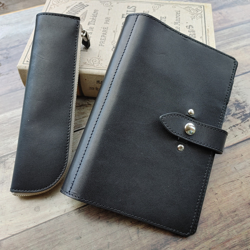 GANZO 手帳カバーとペンケースのセット THIN BRIDLE(シンブライドル) ファスナー付き4本入りペンケース