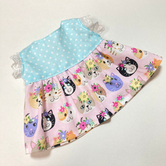 【NEWカラー】花冠ネコちゃんワンピース♡　ぽぽちゃん　服　USAコットン 4枚目の画像