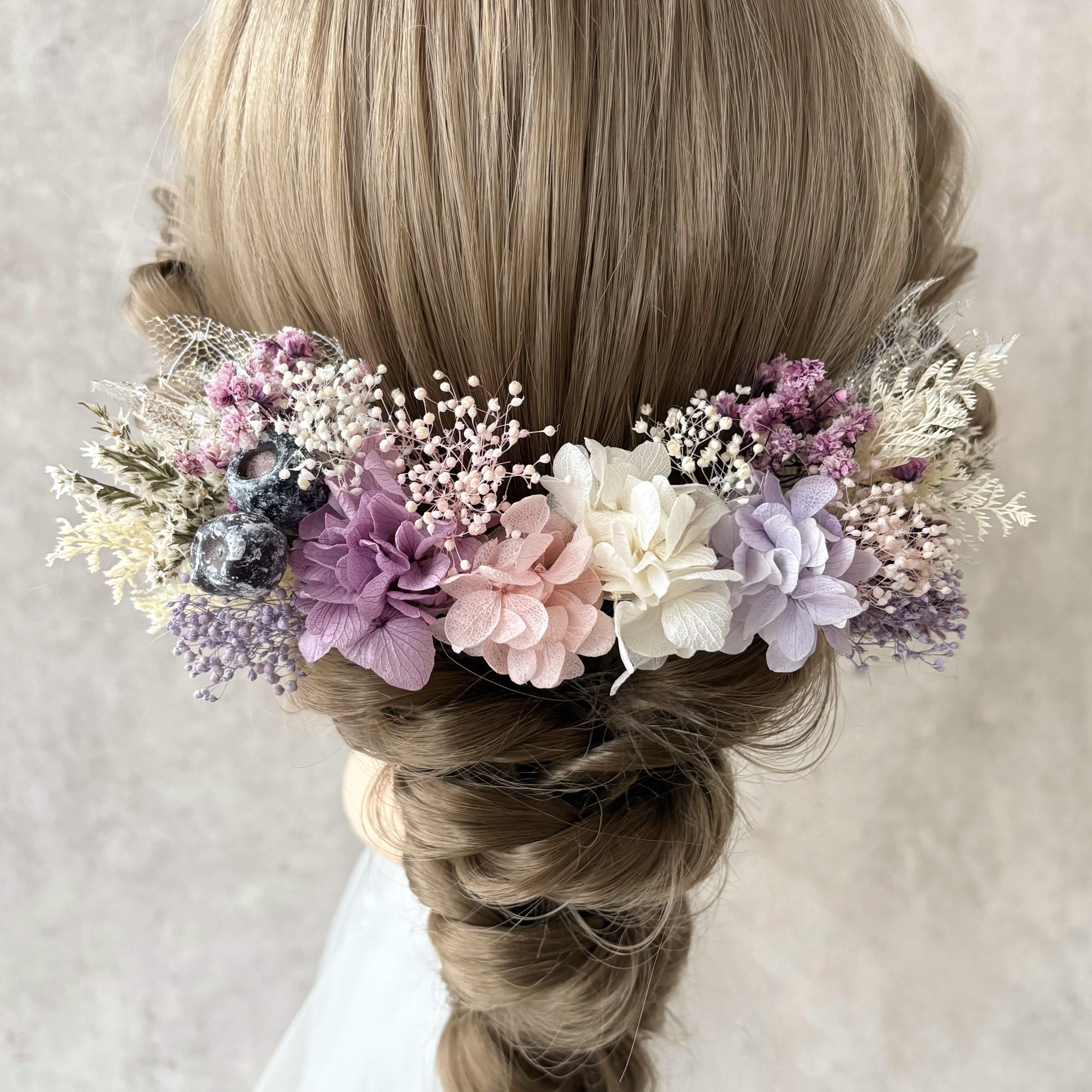 【violet】パープル×ホワイト　お花の髪飾り　ドライフラワー　プリザーブドフラワー   結婚式　成人式　卒業式