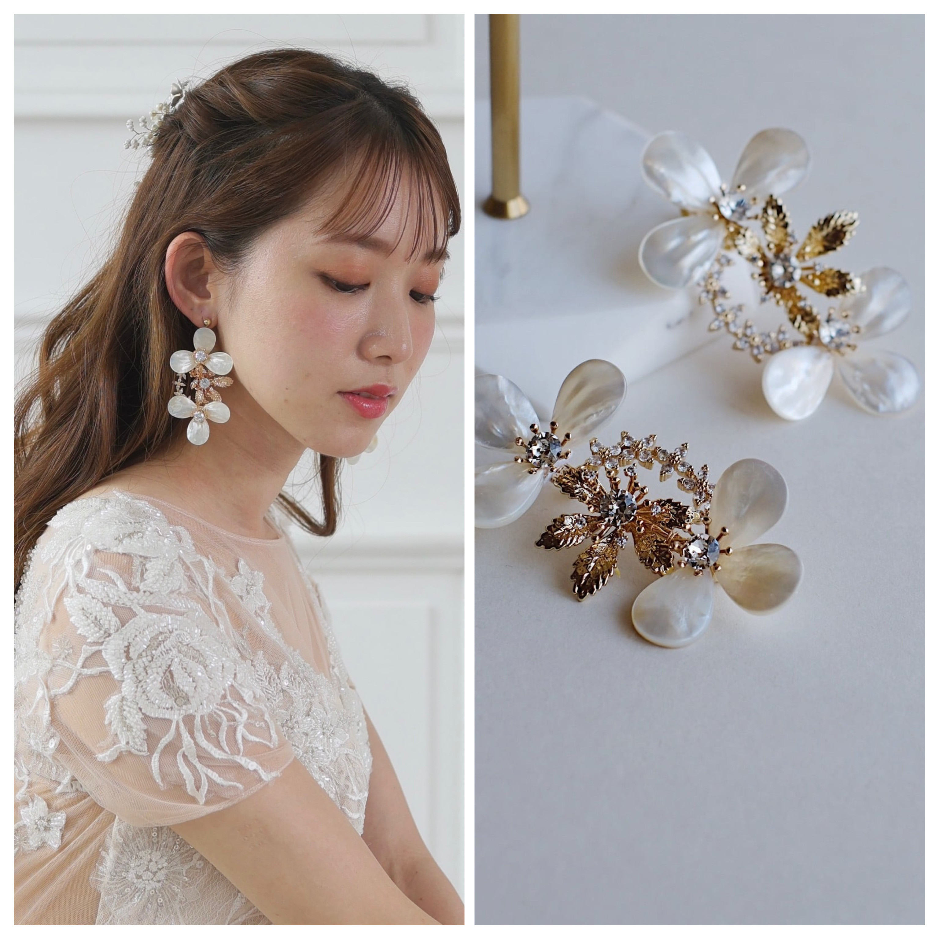 [PE-106] ウェディング　スワロ使用 天然シェル　フラワー　ブライダル　前撮り　結婚式　大ぶりイヤリング 4,788円
