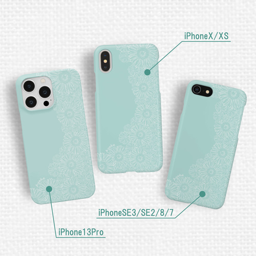 向日葵レース模様のスマホケース 線画 ミントグリーン iPhone