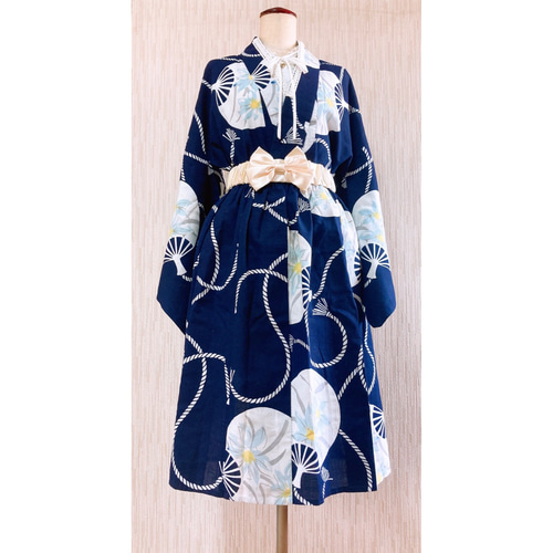 ◇浴衣リメイク◇ セットアップ 紺色 ベルト付き 1点もの ワンピース  