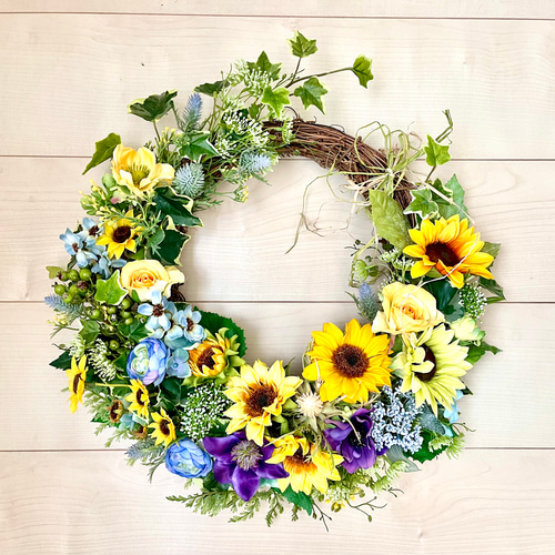 No.wreath-15449/ひまわりとクレマチスのリース 43x43cm/アーティ  