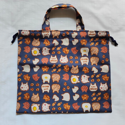 サイズオーダーOK 体操着袋 横長 パン猫（青） 体操服袋・お