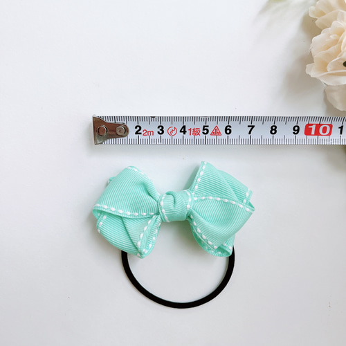 ステッチ入りリボン ミントグリーン こども ヘアゴム 幼稚園生 小学低