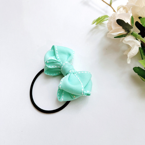 ステッチ入りリボン ミントグリーン こども ヘアゴム 幼稚園生 小学低