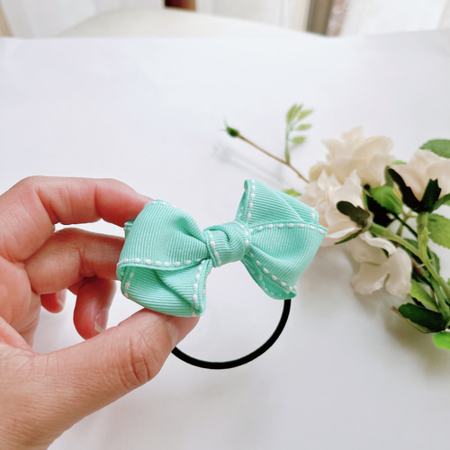 ステッチ入りリボン ミントグリーン こども ヘアゴム 幼稚園生 小学低
