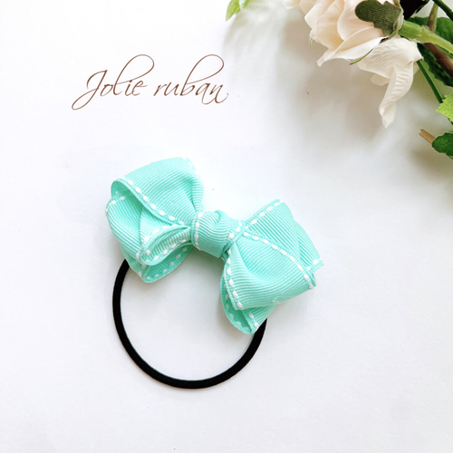 ステッチ入りリボン ミントグリーン こども ヘアゴム 幼稚園生 小学低