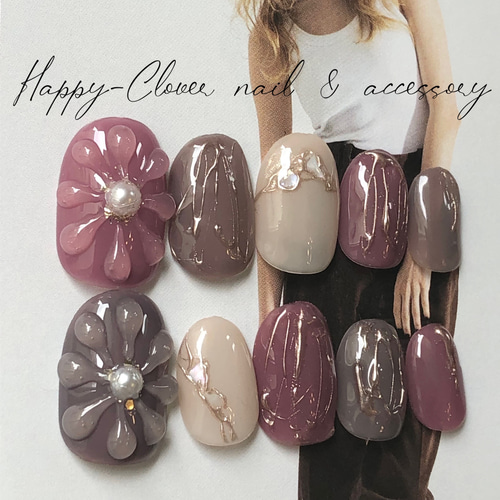 ジェルネイルチップ ボルドー×ダークブラウンのぷっくりフラワーネイル