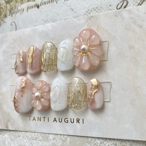 ネイルチップ現品オーダー ニュアンス ぷっくりフラワー ミラー 振袖