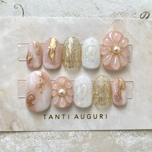 ネイルチップ現品オーダー ニュアンス ぷっくりフラワー ミラー 振袖  