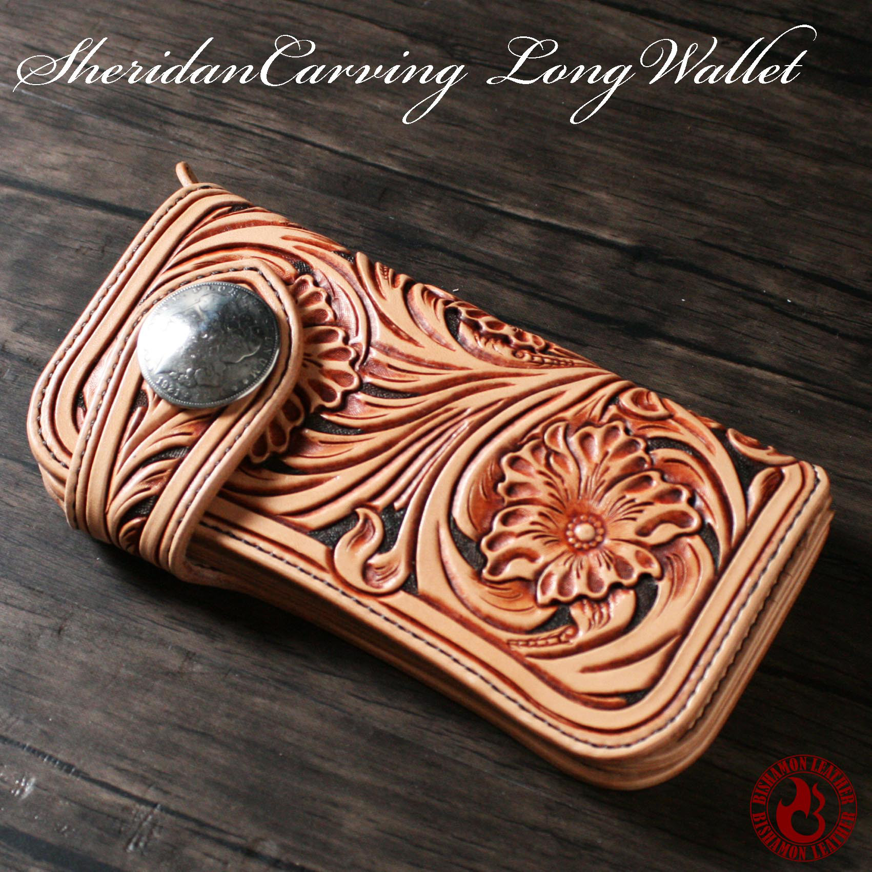 ロングウォレット 二つ折り シェリダンカービング(ライトブラウン)  レザー バイカーズウォレット 本革 財布