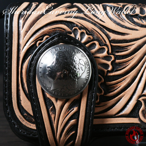 ロングウォレット 二つ折り シェリダンカービング(ブラック) レザー