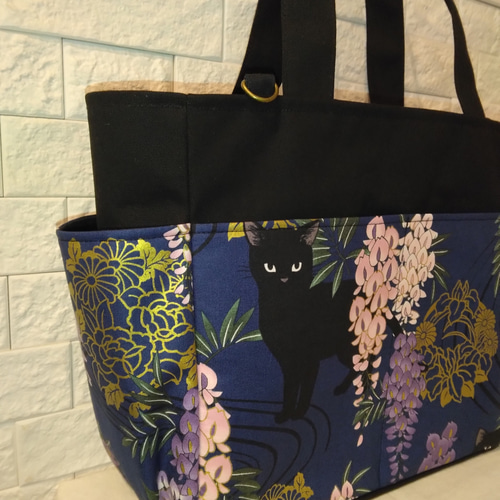 ハンドメイド黒猫プリントのスクエアトートバッグ