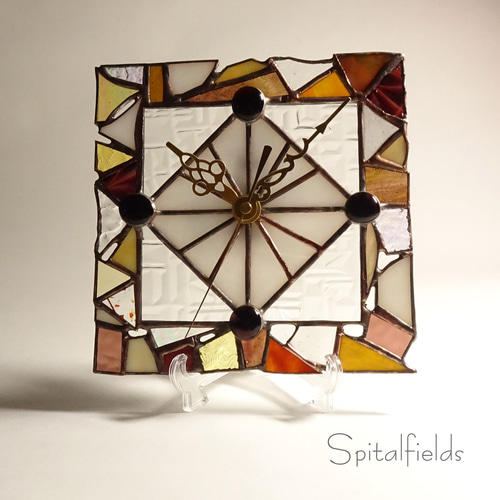 一点もの】壁掛け・置き型兼用 ステンドグラスの時計M 17cm角（秋色_